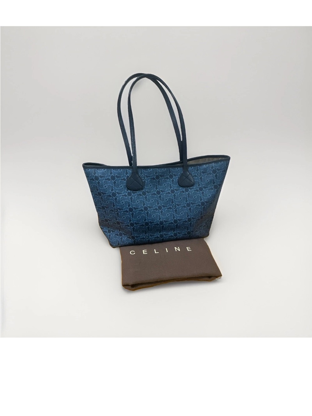 Celine Vintage Blue Chariot Tote Bag Canvas Leather Handles Dust Bag